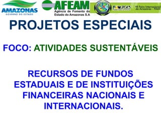 PROJETOS ESPECIAIS
FOCO: ATIVIDADES SUSTENTÁVEIS
RECURSOS DE FUNDOS
ESTADUAIS E DE INSTITUIÇÕES
FINANCEIRAS NACIONAIS E
INTERNACIONAIS.
 