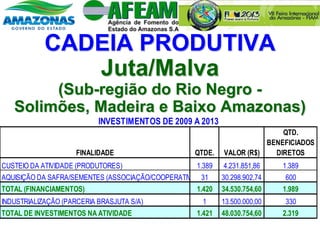CADEIA PRODUTIVA
Juta/Malva
(Sub-região do Rio Negro -
Solimões, Madeira e Baixo Amazonas)
FINALIDADE QTDE. VALOR (R$)
QTD.
BENEFICIADOS
DIRETOS
CUSTEIO DA ATIVIDADE (PRODUTORES) 1.389 4.231.851,86 1.389
AQUISIÇÃO DA SAFRA/SEMENTES (ASSOCIAÇÃO/COOPERATIVAS)31 30.298.902,74 600
TOTAL (FINANCIAMENTOS) 1.420 34.530.754,60 1.989
INDUSTRIALIZAÇÃO (PARCERIA BRASJUTA S/A) 1 13.500.000,00 330
TOTAL DE INVESTIMENTOS NA ATIVIDADE 1.421 48.030.754,60 2.319
INVESTIMENTOS DE 2009 A 2013
 