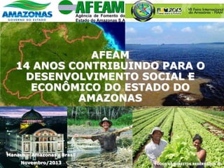 Manaus – Amazonas - Brasil
Novembro/2013 TODOS OS DIREITOS RESERVADOS ®
AFEAM
14 ANOS CONTRIBUINDO PARA O
DESENVOLVIMENTO SOCIAL E
ECONÔMICO DO ESTADO DO
AMAZONAS
 