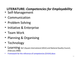 LITERATURE: Competencies for Employability
• Self-Management
• Communication
• Problem Solving
• Initiative & Enterprise
• Team Work
• Planning & Organising
• Technology
• Learning Ref: (Equals International (2012) and National Quality Council,
(February 2008):
• Framework for the reference of competencies (Enlish).docx
11
 