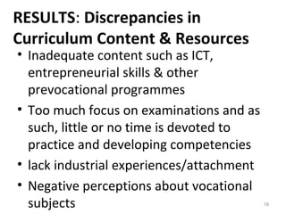 RESULTS: Discrepancies in
Curriculum Content & Resources
• Inadequate content such as ICT,
entrepreneurial skills & other
prevocational programmes
• Too much focus on examinations and as
such, little or no time is devoted to
practice and developing competencies
• lack industrial experiences/attachment
• Negative perceptions about vocational
subjects 18
 