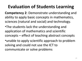 Evaluation of Students Learning
Competency 2: Demonstrate understanding and
ability to apply basic concepts in mathematics,
sciences (natural and social) and technology.
•The students lack the understanding and
application of mathematics and scientific
concepts – effect of teaching abstract concepts
•unable to apply scientific approach to problem
solving and could not use the ICT to
communicate or solve problems
27
 