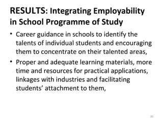 RESULTS: Integrating Employability
in School Programme of Study
• Career guidance in schools to identify the
talents of individual students and encouraging
them to concentrate on their talented areas,
• Proper and adequate learning materials, more
time and resources for practical applications,
linkages with industries and facilitating
students’ attachment to them,
30
 