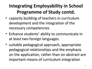 Integrating Employability in School
Programme of Study contd.
• capacity building of teachers in curriculum
development and the integration of the
necessary competencies
• Enhance students’ ability to communicate in
at least two foreign languages
• suitable pedagogical approach, appropriate
pedagogical relationships and the emphasis
on the application, rather than on abstract are
important means of curriculum integration
31
 