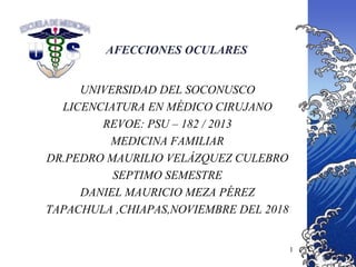 AFECCIONES OCULARES
UNIVERSIDAD DEL SOCONUSCO
LICENCIATURA EN MÉDICO CIRUJANO
REVOE: PSU – 182 / 2013
MEDICINA FAMILIAR
DR.PEDRO MAURILIO VELÁZQUEZ CULEBRO
SEPTIMO SEMESTRE
DANIEL MAURICIO MEZA PÉREZ
TAPACHULA ,CHIAPAS,NOVIEMBRE DEL 2018
1
 