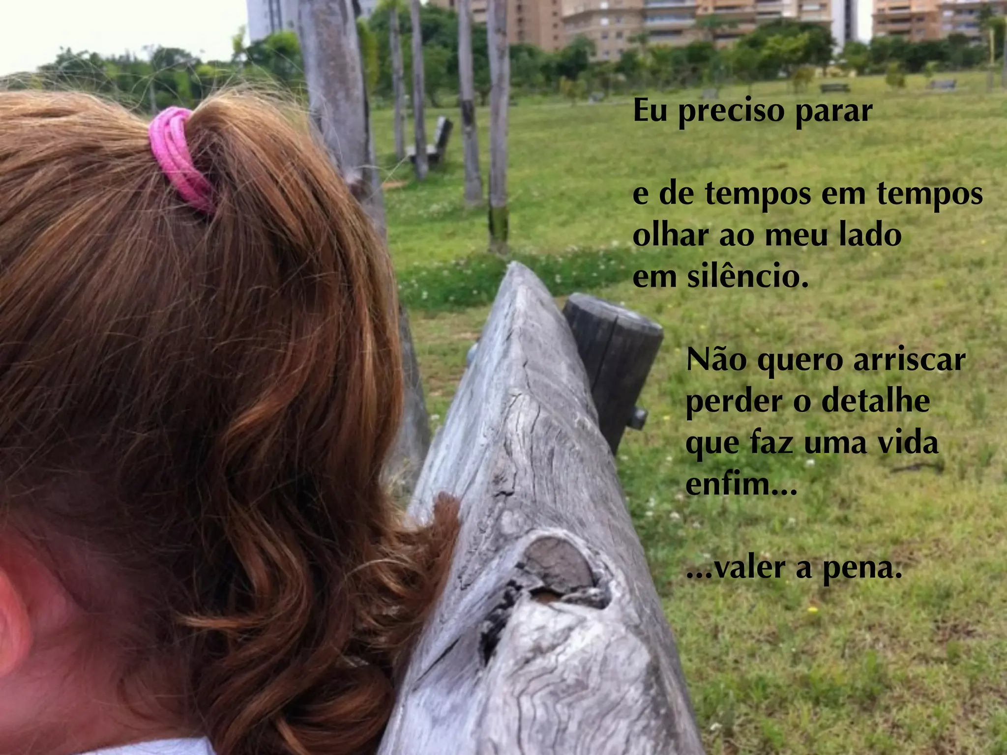 Eu preciso parar

e de tempos em tempos
olhar ao meu lado
em silêncio.

   Não quero arriscar
   perder o detalhe
   que faz uma vida
   enﬁm...

   ...valer a pena.
 