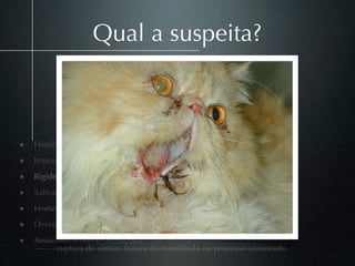 Qual a suspeita?



• Histórico de trauma ou não;
• Impossibilidade de fechar a boca;
• Rigidez à palpação
• Salivação
• Hematoma em região de arco glosso-palatino
• Desvio da oclusão (unilateral).
• Associada a outras alterações:
          ruptura de sínﬁse, fratura de mandíbula ou processo coronoide.
 