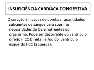 INSUFICIÊNCIA CARDÍACA CONGESTIVA

O coração é incapaz de bombear quantidades
 suficientes de sangue para suprir as
 necessidades de O2 e nutrientes do
 organismo. Pode ser decorrente do ventrículo
 direito ( ICC Direita ) e /ou do ventrículo
 esquerdo (ICC Esquerda).
 