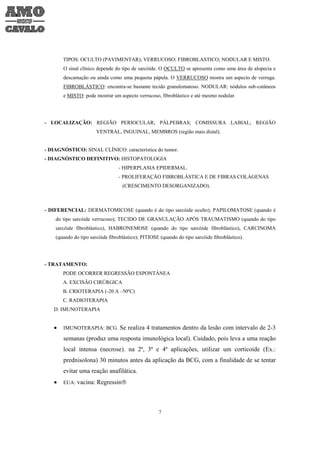 TIPOS: OCULTO (PAVIMENTAR); VERRUCOSO; FIBROBLASTICO; NODULAR E MISTO.
       O sinal clínico depende do tipo de sarcóide. O OCULTO se apresenta como uma área de alopecia e
       descamação ou ainda como uma pequena pápula. O VERRUCOSO mostra um aspecto de verruga.
       FIBROBLÁSTICO: encontra-se bastante tecido granulomatoso. NODULAR: nódulos sub-cutâneos
       e MISTO: pode mostrar um aspecto verrucoso, fibroblástico e até mesmo nodular.




- LOCALIZAÇÃO: REGIÃO PERIOCULAR; PÁLPEBRAS; COMISSURA LABIAL; REGIÃO
                       VENTRAL, INGUINAL, MEMBROS (região mais distal).


- DIAGNÓSTICO: SINAL CLÍNICO: característica do tumor.
- DIAGNÓSTICO DEFINITIVO: HISTOPATOLOGIA
                                 - HIPERPLASIA EPIDERMAL.
                                 - PROLIFERAÇÃO FIBROBLÁSTICA E DE FIBRAS COLÁGENAS
                                   (CRESCIMENTO DESORGANIZADO).



- DIFERENCIAL: DERMATOMICOSE (quando é do tipo sarcóide oculto); PAPILOMATOSE (quando é
    do tipo sarcóide verrucoso); TECIDO DE GRANULAÇÃO APÓS TRAUMATISMO (quando do tipo
    sarcóide fibroblástico), HABRONEMOSE (quando do tipo sarcóide fibroblástico), CARCINOMA
    (quando do tipo sarcóide fibroblástico); PITIOSE (quando do tipo sarcóide fibroblástico).




- TRATAMENTO:
       PODE OCORRER REGRESSÃO ESPONTÂNEA
       A. EXCISÃO CIRÚRGICA
       B. CRIOTERAPIA (-20 A –50ºC)
       C. RADIOTERAPIA
   D. IMUNOTERAPIA


   •   IMUNOTERAPIA: BCG. Se realiza 4 tratamentos dentro da lesão com intervalo de 2-3

       semanas (produz uma resposta imunológica local). Cuidado, pois leva a uma reação
       local intensa (necrose). na 2ª, 3ª e 4ª aplicações, utilizar um corticoide (Ex.:
       prednisolona) 30 minutos antes da aplicação da BCG, com a finalidade de se tentar
       evitar uma reação anafilática.
   •   EUA: vacina: Regressin®




                                                    7
 