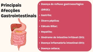 Doença do refluxo gastroesofágico
(DRGE);
Gastrite;
Úlcera péptica;
Cálculo Biliar;
Hepatite;
Síndrome do intestino irritável (SII);
Doença inflamatória intestinal (DII);
Doença celíaca;
Principais
Afecções
Gastrointestinais
 