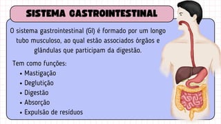 O sistema gastrointestinal (GI) é formado por um longo
tubo musculoso, ao qual estão associados órgãos e
glândulas que participam da digestão.
SISTEMA GASTROINTESTINAL
Tem como funções:
Mastigação
Deglutição
Digestão
Absorção
Expulsão de resíduos
 