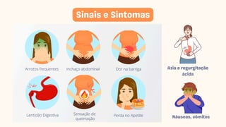 Sinais e Sintomas
Azia e regurgitação
ácida
Náuseas, vômitos
 