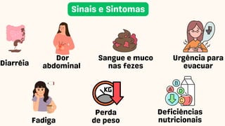 Diarréia
Sinais e Sintomas
Dor
abdominal
Sangue e muco
nas fezes
Fadiga
Perda
de peso
Deficiências
nutricionais
Urgência para
evacuar
 