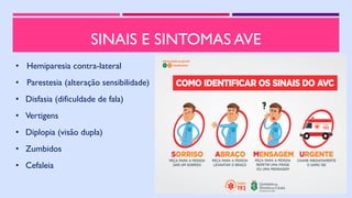 SINAIS E SINTOMAS AVE
• Hemiparesia contra-lateral
• Parestesia (alteração sensibilidade)
• Disfasia (dificuldade de fala)
• Vertigens
• Diplopia (visão dupla)
• Zumbidos
• Cefaleia
 