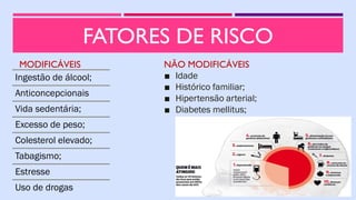 FATORES DE RISCO
MODIFICÁVEIS
Ingestão de álcool;
Anticoncepcionais
Vida sedentária;
Excesso de peso;
Colesterol elevado;
Tabagismo;
Estresse
Uso de drogas
NÃO MODIFICÁVEIS
■ Idade
■ Histórico familiar;
■ Hipertensão arterial;
■ Diabetes mellitus;
 