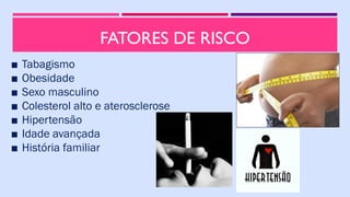 FATORES DE RISCO
■ Tabagismo
■ Obesidade
■ Sexo masculino
■ Colesterol alto e aterosclerose
■ Hipertensão
■ Idade avançada
■ História familiar
 
