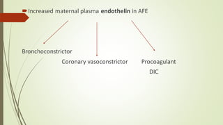 Increased maternal plasma endothelin in AFE
Bronchoconstrictor
Coronary vasoconstrictor Procoagulant
DIC
 