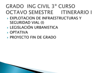 EXPLOTACION DE INFRAESTRUCTURAS Y SEGURIDAD VIAL (I)LEGISLACIÓN URBANISTICAOPTATIVAPROYECTO FIN DE GRADOGRADO  ING CIVIL 3º CURSO OCTAVO SEMESTRE     ITINERARIO I