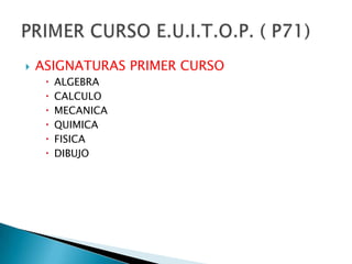 ASIGNATURAS PRIMER CURSOALGEBRACALCULO MECANICAQUIMICAFISICADIBUJOPRIMER CURSO E.U.I.T.O.P. ( P71)