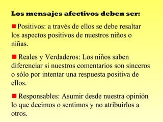 Los mensajes afectivos deben ser:

Positivos: a través de ellos se debe resaltar
los aspectos positivos de nuestros niños o
niñas.
Reales y Verdaderos: Los niños saben
diferenciar si nuestros comentarios son sinceros
o sólo por intentar una respuesta positiva de
ellos.
Responsables: Asumir desde nuestra opinión
lo que decimos o sentimos y no atribuirlos a
otros.

 