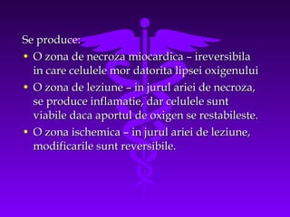 Se produce:
• O zona de necroza miocardica – ireversibila
in care celulele mor datorita lipsei oxigenului
• O zona de leziune – in jurul ariei de necroza,
se produce inflamatie, dar celulele sunt
viabile daca aportul de oxigen se restabileste.
• O zona ischemica – in jurul ariei de leziune,
modificarile sunt reversibile.

 