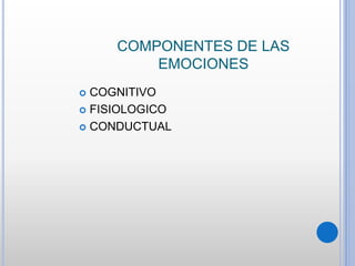 COMPONENTES DE LAS
EMOCIONES
 COGNITIVO
 FISIOLOGICO
 CONDUCTUAL
 