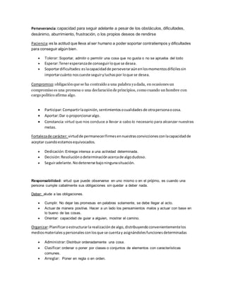 Perseverancia: capacidad para seguir adelante a pesar de los obstáculos, dificultades, 
desánimo, aburrimiento, frustración, o los propios deseos de rendirse 
Paciencia: es la actitud que lleva al ser humano a poder soportar contratiempos y dificultades 
para conseguir algún bien. 
 Tolerar: Soportar, admitir o permitir una cosa que no gusta o no se aprueba del todo 
 Esperar: Tener esperanza de conseguir lo que se desea. 
 Soportar dificultades: es la capacidad de perseverar aún en los momentos difíciles sin 
importar cuánto nos cueste seguir y luchas por lo que se desea. 
Compromiso: obligación que se ha contraído a una palabra ya dada, en ocasiones un 
compromiso es una promesa o una declaración de principios, como cuando un hombre con 
cargo político afirma algo. 
 Participar: Compartir la opinión, sentimientos o cualidades de otra persona o cosa. 
 Aportar: Dar o proporcionar algo. 
 Constancia: virtud que nos conduce a llevar a cabo lo necesario para alcanzar nuestras 
metas. 
Fortaleza de carácter: virtud de permanecer firmes en nuestras convicciones con la capacidad de 
aceptar cuando estamos equivocados. 
 Dedicación: Entrega intensa a una actividad determinada. 
 Decisión: Resolución o determinación acerca de algo dudoso. 
 Seguir adelante. No detenerse bajo ninguna situación. 
Responsabilidad: virtud que puede observarse en uno mismo o en el prójimo, es cuando una 
persona cumple cabalmente sus obligaciones sin quedar a deber nada. 
Deber: alude a las obligaciones. 
 Cumplir. No dejar las promesas en palabras solamente, se debe llegar al acto. 
 Actuar de manera positiva. Hacer a un lado los pensamientos malos y actuar con base en 
lo bueno de las cosas. 
 Orientar: capacidad de guiar a alguien, mostrar el camino. 
Organizar: Planificar o estructurar la realización de algo, distribuyendo convenientemente los 
medios materiales y personales con los que se cuenta y asignándoles funciones determinadas 
 Administrar: Distribuir ordenadamente una cosa. 
 Clasificar: ordenar o poner por clases o conjuntos de elementos con características 
comunes. 
 Arreglar: Poner en regla o en orden. 
 
