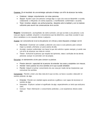 Cooperar. Es el resultado de una estrategia aplicada al trabajo con el fin de alcanzar las metas. 
 Colaborar: trabajar conjuntamente con otras personas. 
 Apoyar: Ayudar a que una persona consiga algo o a que una cosa se desarrolle o suceda, 
colaborando o influyendo en ciertos aspectos, o manifestando conformidad o acuerdo. 
 Tener iniciativa: adoptar una actitud proactiva, despierta ante la realidad y con la madurez 
suficiente para asumir las consecuencias de la acción. 
Respeto: Consideración, acompañada de cierta sumisión, con que se trata a una persona o una 
cosa por alguna cualidad, situación o circunstancia que las determina y que lleva a acatar lo que 
dice o establece o a no causarle ofensa o perjuicio. 
Aceptar: ser consciente de lo es la otra persona sin criticas y estar dispuesto a trabajar con él. 
 Reconocer: Examinar con cuidado y atención una cosa o a una persona para conocer 
mejor su estado y formarse un juicio acerca de ella. 
 Acceder: mostrar conformidad con hacer lo que otro solicita o quiere siempre y cuando sea 
con el fin de alcanzar una meta en común. 
 Tolerar: Actitud de la persona que respeta las opiniones, ideas o actitudes de las demás 
personas aunque no coincidan con las propias. 
Escuchar: oír atentamente al otro para conocer su postura. 
 Prestar atención: capacidad de la persona de entender las cosas y aceptarlas con mesura. 
 Atender: tener puestos los cinco sentidos en lo que sucede alrededor. 
 Percibir: Adquirir el primer conocimiento de una cosa por medio de las impresiones que 
comunican los sentidos. 
Comprender: Percibir y tener una idea clara de lo que se dice, se hace o sucede o descubrir el 
sentido profundo de algo. 
 Entender: Percibir con claridad signos acústicos o gráficos o ser capaz de reconocer el 
sentido de algo. 
 Interpretar: Explicar o aclarar el significado de algo, especialmente un texto que está poco 
claro. 
 Conocer: Tener información o conocimiento profundos y con experiencia directa sobre 
algo. 
