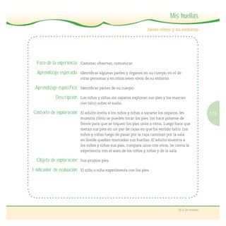 115
18 a 24 meses
Seres vivos y su entorno
Mis huellas
Foco de la experiencia: Caminar, observar, comunicar.
Aprendizaje esperado: Identiﬁcar algunas partes y órganos en su cuerpo, en el de
otras personas y en otros seres vivos de su entorno.
Aprendizaje específico: Identiﬁcar partes de su cuerpo.
Descripción: Los niños y niñas sin zapatos exploran sus pies y los marcan
con talco sobre el suelo.
Contexto de exploración: El adulto invita a los niños y niñas a sacarse los zapatos, les
muestra cómo se pueden tocar los pies, los hace ponerse de
frente para que se toquen los pies unos a otros. Luego hace que
metan sus pies en un par de cajas en que ha vertido talco. Los
niños y niñas luego de pasar por la caja caminan por la sala
en donde quedan marcadas sus huellas. El adulto muestra a
los niños y niñas sus pies, compara unos con otros. Se cierra la
experiencia con el aseo de los niños y niñas y de la sala.
Objeto de exploración: Sus propios pies.
Indicador de evaluación: El niño o niña experimenta con los pies.
 