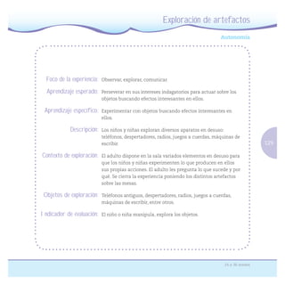 129
24 a 36 meses
Exploración de artefactos
Foco de la experiencia: Observar, explorar, comunicar.
Aprendizaje esperado: Perseverar en sus intereses indagatorios para actuar sobre los
objetos buscando efectos interesantes en ellos.
Aprendizaje específico: Experimentar con objetos buscando efectos interesantes en
ellos.
Descripción: Los niños y niñas exploran diversos aparatos en desuso:
teléfonos, despertadores, radios, juegos a cuerdas, máquinas de
escribir.
Contexto de exploración: El adulto dispone en la sala variados elementos en desuso para
que los niños y niñas experimenten lo que producen en ellos
sus propias acciones. El adulto les pregunta lo que sucede y por
qué. Se cierra la experiencia poniendo los distintos artefactos
sobre las mesas.
Objetos de exploración: Teléfonos antiguos, despertadores, radios, juegos a cuerdas,
máquinas de escribir, entre otros.
Indicador de evaluación: El niño o niña manipula, explora los objetos.
 
