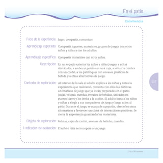 137
24 a 36 meses
En el patio
Foco de la experiencia: Jugar, compartir, comunicar.
Aprendizaje esperado: Compartir juguetes, materiales, grupos de juegos con otros
niños y niñas y con los adultos.
Aprendizaje específico: Compartir materiales con otros niños.
Descripción: En un espacio exterior los niños y niñas juegan a saltar
obstáculos, a embocar pelotas en una caja, a saltar la culebra
con un cordel, a los palitroques con envases plásticos de
bebida y a otras alternativas de juego.
Contexto de exploración: Al interior de la sala el adulto explica a los niños y niñas la
experiencia que realizarán, comenta con ellos las distintas
alternativas de juego que ya están preparadas en el patio
(cajas, pelotas, cuerdas, envases de bebidas, ubicados en
puntos clave) y los invita a la acción. El adulto insta a los niños
y niñas a elegir a sus compañeros de juego y luego salen al
patio. Durante el juego, se ocupa de apoyarlos, ofrecerles otras
alternativas y favorecer un clima de interacciones positivas. Se
cierra la experiencia guardando los materiales.
Objeto de exploración: Pelotas, cajas de cartón, envases de bebidas, cuerdas.
Indicador de evaluación: El niño o niña se incorpora a un juego.
 