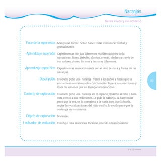 49
6 a 12 meses
Foco de la experiencia: Manipular, tomar, botar, hacer rodar, comunicar verbal y
gestualmente.
Aprendizaje esperado: Experimentar con las diferentes manifestaciones de la
naturaleza: ﬂores, árboles, plantas, arenas, piedras a través de
sus colores, olores, formas y texturas diferentes.
Aprendizaje específico: Experimentar sensorialmente con el olor, textura y forma de las
naranjas.
Descripción: El adulto pone una naranja frente a los niños y niñas que se
encuentran sentados sobre colchonetas. Espera sus reacciones y
trata de sostener por un tiempo la interacción.
Contexto de exploración: El adulto pone una naranja en el espacio próximo al niño o niña,
está atento a sus reacciones. Le pide la naranja, la hace rodar
para que la vea, se la aproxima a la nariz para que la huela,
repite las vocalizaciones del niño o niña, lo ayuda para que la
sostenga en sus manos.
Objeto de exploración: Naranjas.
Indicador de evaluación: El niño o niña reacciona tocando, oliendo o manipulando.
Seres vivos y su entorno
Naranjas
 