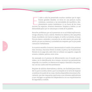 56
E
l niño o niña ha presentado muchos cambios que le signi-
ﬁcaron grandes desafíos: se inicia en una postura nueva,
comienza a ajustarse a las necesidades de equilibrio y des-
plazamiento, quiere trasladarse e ir en busca de las cosas,
recorrer los espacios, arrastrar elementos. Empieza a hablar y a ser
demandado para que se comunique a través de la palabra.
Resuelve problemas que se le presentan en su actividad exploratoria:
recoge, desarma, busca, solicita. Nombra los objetos y dice pequeñas
frases, maniﬁesta con fuerza la alegría, el cariño, la molestia, el enojo.
Procura darse a entender y necesita de un oído atento por parte del
adulto, ya que sus deseos y curiosidad son mayores que lo que puede
comunicar verbalmente.
Se muestra sensible al entorno, demostrando el cariño a las personas
más cercanas, reacciona frente al miedo, la pena y las frustraciones.
Persiste en el juego solo, sabe cómo se utilizan sus juguetes: juegos de
arrastre, rodados, pelotas, entre otros.
Ha avanzado en el proceso de diferenciación con el mundo que lo
rodea y en la identiﬁcación de sí mismo, reconoce sus pertenencias,
responde a su nombre, se observa en el espejo e identiﬁca a las perso-
nas con las cuales está frecuentemente.
Requiere de adultos observadores y alertas, con facilidad para enten-
der lo que le sucede y siente, que lo acompañe en la tarea de empezar
a nombrar el mundo de las cosas.Adultos disponibles emocional y físi-
camente, que dan respuestas oportunas a sus intereses exploratorios
y que conjugan sus grados de independencia con sus requerimientos
de seguridad y cuidado.
 