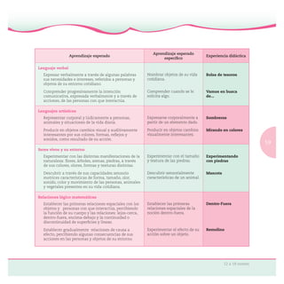 59
12 a 18 meses
Experiencia didáctica
Lenguaje verbal
Expresar verbalmente a través de algunas palabras
sus necesidades e intereses, referidos a personas y
objetos de su entorno cotidiano.
Comprender progresivamente la intención
comunicativa, expresada verbalmente y a través de
acciones, de las personas con que interactúa.
Nombrar objetos de su vida
cotidiana.
Comprender cuando se le
solicita algo.
Bolsa de tesoros
Vamos en busca
de...
Lenguajes artísticos
Representar corporal y lúdicamente a personas,
animales y situaciones de la vida diaria.
Producir en objetos cambios visual y auditivamente
interesantes por sus colores, formas, reﬂejos y
sonidos, como resultado de su acción.
Expresarse corporalmente a
partir de un elemento dado.
Producir en objetos cambios
visualmente interesantes.
Sombreros
Mirando en colores
Seres vivos y su entorno
Experimentar con las distintas manifestaciones de la
naturaleza: ﬂores, árboles, arenas, piedras, a través
de sus colores, olores, formas y texturas distintas.
Descubrir a través de sus capacidades sensorio
motrices características de forma, tamaño, olor,
sonido, color y movimiento de las personas, animales
y vegetales presentes en su vida cotidiana.
Experimentar con el tamaño
y textura de las piedras.
Descubrir sensorialmente
características de un animal.
Experimentando
con piedras
Mascota
Relaciones lógico matemáticas
Establecer las primeras relaciones espaciales con los
objetos y personas con que interactúa, percibiendo
la función de su cuerpo y las relaciones: lejos-cerca,
dentro-fuera, encima-debajo y la continuidad o
discontinuidad de superﬁcies y líneas.
Establecer gradualmente relaciones de causa a
efecto, percibiendo algunas consecuencias de sus
acciones en las personas y objetos de su entorno.
Establecer las primeras
relaciones espaciales de la
noción dentro-fuera.
Experimentar el efecto de su
acción sobre un objeto.
Dentro-Fuera
Remolino
 