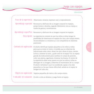 65
12 a 18 meses
Juego con espejos
Foco de la experiencia: Observarse, mirarse, expresar oral y corporalmente.
Aprendizaje esperado: Reconocer y disfrutar de su imagen corporal en espejos,
proyecciones o siluetas, jugando libremente con su cuerpo, a
través de gestos y movimientos.
Aprendizaje específico: Reconocer y disfrutar de su imagen corporal en espejos.
Descripción: La experiencia consiste en que los niños y niñas tengan la
posibilidad de observarse en espejos de cara y de cuerpo entero,
reconociéndose a sí mismos y a sus compañeros en distintas
posiciones.
Contexto de exploración: El adulto distribuye espejos pequeños a los niños y niñas
para que se miren el rostro. A medida que se observan da
indicaciones tales como: abran los ojos, abran la boca, cierren
la boca, mírense la nariz, ¿quién está en el espejo? En un espejo
grande da indicaciones para cambiar el cuerpo de posición,
subir una pierna, agacharse, levantar los brazos. El centro de
la experiencia debe estar puesto en que los niños y niñas se
detengan en su imagen y observen el movimiento de su cuerpo.
El adulto verbaliza lo que va sucediendo, apoya a los más
pequeños y a los que tienen diﬁcultad, señala en el espejo la
imagen de cada uno.
Objeto de exploración: Espejos pequeños de rostro y de cuerpo entero.
Indicador de evaluación: El niño o niña se detiene y juega frente al espejo.
 