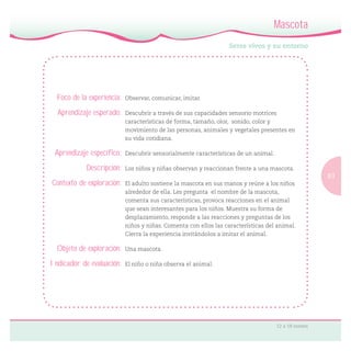 83
12 a 18 meses
Seres vivos y su entorno
Mascota
Foco de la experiencia: Observar, comunicar, imitar.
Aprendizaje esperado: Descubrir a través de sus capacidades sensorio motrices
características de forma, tamaño, olor, sonido, color y
movimiento de las personas, animales y vegetales presentes en
su vida cotidiana.
Aprendizaje específico: Descubrir sensorialmente características de un animal.
Descripción: Los niños y niñas observan y reaccionan frente a una mascota.
Contexto de exploración: El adulto sostiene la mascota en sus manos y reúne a los niños
alrededor de ella. Les pregunta el nombre de la mascota,
comenta sus características, provoca reacciones en el animal
que sean interesantes para los niños. Muestra su forma de
desplazamiento, responde a las reacciones y preguntas de los
niños y niñas. Comenta con ellos las características del animal.
Cierra la experiencia invitándolos a imitar el animal.
Objeto de exploración: Una mascota.
Indicador de evaluación: El niño o niña observa el animal.
 