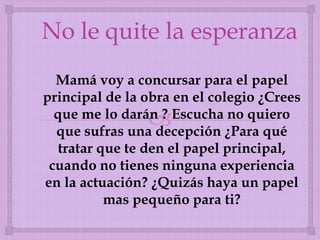 No le quite la esperanza
Mamá voy a concursar para el papel
principal de la obra en el colegio ¿Crees
que me lo darán ? Escucha no quiero
que sufras una decepción ¿Para qué
tratar que te den el papel principal,
cuando no tienes ninguna experiencia
en la actuación? ¿Quizás haya un papel
mas pequeño para ti?



 