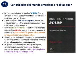  Los japoneses tienen la palabra “amae” para
referirse al deseo y al sentimiento de ser amados y
protegidos por los demás.
 Amae supone la sensación empática de que los
otros conocen nuestros deseos necesidades y que
disfrutarán satisfaciéndolos.
 Para la cultura occidental el sentimiento de amae
resulta algo extraño, porque tenemos arraigada la
idea de que para conocer lo que los otros desean
es necesario que nos lo hagan saber.
 Sin embargo, podríamos comprender mejor la idea
de amae cuando pensamos en relaciones como la
de los hijos pequeños con sus padres.
 Lo que en occidente reservamos para algunas
relaciones particulares, en oriente tiende a
resultar un modelo general sobre cómo se piensa
y se siente cualquier relación social.
Curiosidades del mundo emocional: ¿Sabías qué?
28
 