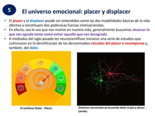 El universo emocional: placer y displacer
5
• El placer y el displacer puede ser entendidos como las dos modalidades básicas de la vida
afectiva y constituyen dos poderosas fuerzas motivacionales.
• En efecto, sea lo sea que nos motive en nuestra vida, generalmente buscamos alcanzar lo
que nos agrada tanto como evitar aquello que nos desagrada.
• A mediados del siglo pasado los neurocientíficos iniciaron una serie de estudios que
culminaron en la identificación de los denominados circuitos del placer o recompensa y,
también, del dolor.
El continuo Dolor - Placer Sistemas neuronales procesando dolor (rojo) y placer
(verde)
 