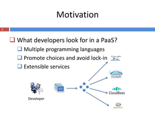 Motivation
5


     What developers look for in a PaaS?
       Multiple programming languages
       Promote choices and avoid lock-in
       Extensible services


                      SaaS




          Developer
 