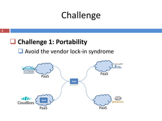 Challenge
8


     Challenge 1: Portability
       Avoid the vendor lock-in syndrome


                                    PaaS
              PaaS
                         SaaS




              SaaS


              PaaS                 PaaS
 