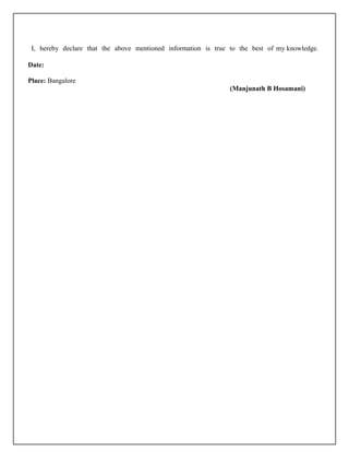 I, hereby declare that the above mentioned information is true to the best of my knowledge.
Date:
Place: Bangalore
(Manjunath B Hosamani)
 
