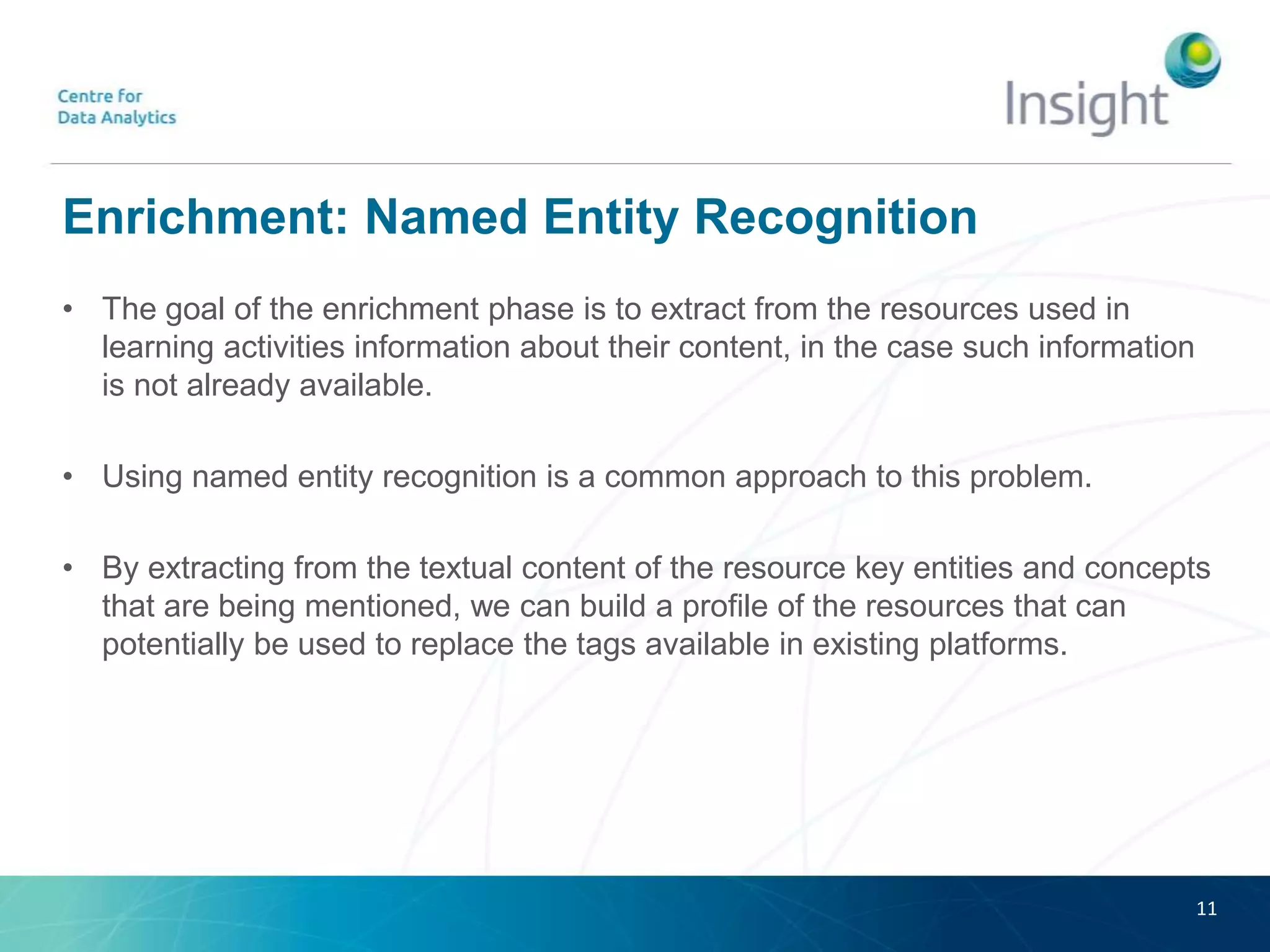 Enrichment: Named Entity Recognition
• The goal of the enrichment phase is to extract from the resources used in
learning activities information about their content, in the case such information
is not already available.
• Using named entity recognition is a common approach to this problem.
• By extracting from the textual content of the resource key entities and concepts
that are being mentioned, we can build a profile of the resources that can
potentially be used to replace the tags available in existing platforms.
11
 
