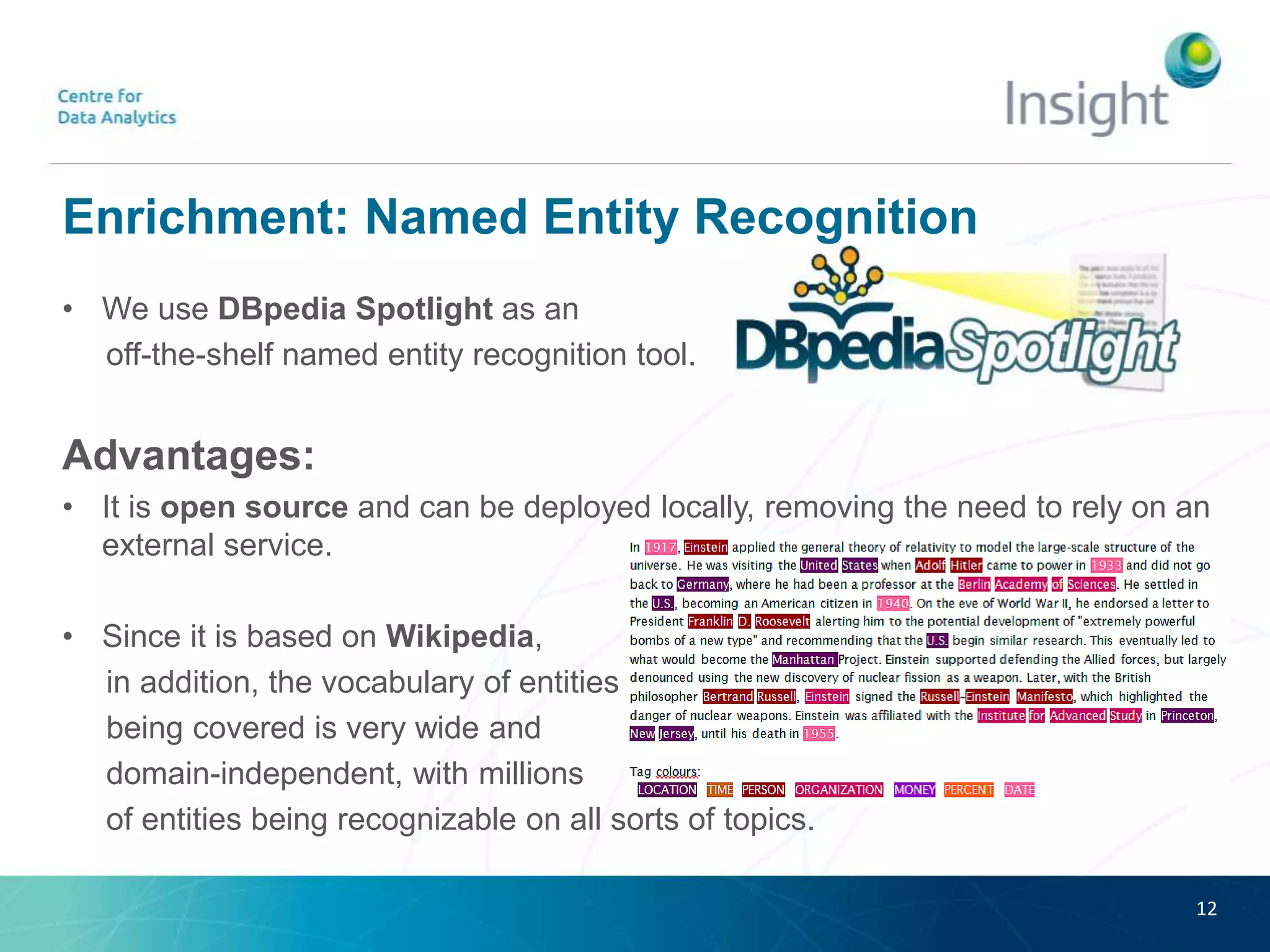 Enrichment: Named Entity Recognition
• We use DBpedia Spotlight as an
off-the-shelf named entity recognition tool.
Advantages:
• It is open source and can be deployed locally, removing the need to rely on an
external service.
• Since it is based on Wikipedia,
in addition, the vocabulary of entities
being covered is very wide and
domain-independent, with millions
of entities being recognizable on all sorts of topics.
12
 