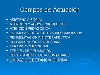 Campos de Actuación ASISTENCIA SOCIAL ATENCIÓN Y APOYO PSICOLÓGICO ATENCIÓN PEDAGÓGICA ESTIMULACIÓN COGNITIVA INFORMATIZADA REHABILITACIÓN FISIOTERAPÉUTICA REHABILITACIÓN LOGOPÉDICA TERAPIA OCUPACIONAL TERAPIA DE RELAJACIÓN DEPARTAMENTO DE VOLUNTARIADO UNIDAD DE ESTANCIA DIURNA 
