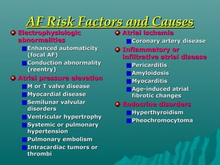 AF Risk Factors and CausesAF Risk Factors and Causes
ElectrophysiologicElectrophysiologic
abnormalitiesabnormalities
Enhanced automaticityEnhanced automaticity
(focal AF)(focal AF)
Conduction abnormalityConduction abnormality
(reentry)(reentry)
Atrial pressure elevationAtrial pressure elevation
M or T valve diseaseM or T valve disease
Myocardial diseaseMyocardial disease
Semilunar valvularSemilunar valvular
disordersdisorders
Ventricular hypertrophyVentricular hypertrophy
Systemic or pulmonarySystemic or pulmonary
hypertensionhypertension
Pulmonary embolismPulmonary embolism
Intracardiac tumors orIntracardiac tumors or
thrombithrombi
Atrial ischemiaAtrial ischemia
Coronary artery diseaseCoronary artery disease
Inflammatory orInflammatory or
infiltrative atrial diseaseinfiltrative atrial disease
PericarditisPericarditis
AmyloidosisAmyloidosis
MyocarditisMyocarditis
Age-induced atrialAge-induced atrial
fibrotic changesfibrotic changes
Endocrine disordersEndocrine disorders
HyperthyroidismHyperthyroidism
PheochromocytomaPheochromocytoma
 