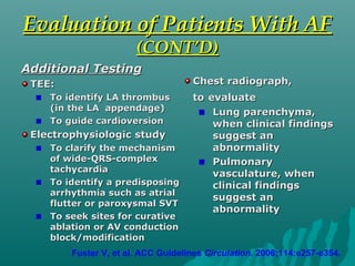 Evaluation of Patients With AFEvaluation of Patients With AF
(CONT’D)(CONT’D)
Additional TestingAdditional Testing
TEE:TEE:
To identify LA thrombusTo identify LA thrombus
(in the LA appendage)(in the LA appendage)
To guide cardioversionTo guide cardioversion
Electrophysiologic studyElectrophysiologic study
To clarify the mechanismTo clarify the mechanism
of wide-QRS-complexof wide-QRS-complex
tachycardiatachycardia
To identify a predisposingTo identify a predisposing
arrhythmia such as atrialarrhythmia such as atrial
flutter or paroxysmal SVTflutter or paroxysmal SVT
To seek sites for curativeTo seek sites for curative
ablation or AV conductionablation or AV conduction
block/modificationblock/modification
Chest radiograph,Chest radiograph,
toto evaluateevaluate
Lung parenchyma,Lung parenchyma,
when clinical findingswhen clinical findings
suggest ansuggest an
abnormalityabnormality
PulmonaryPulmonary
vasculature, whenvasculature, when
clinical findingsclinical findings
suggest ansuggest an
abnormalityabnormality
Fuster V, et al. ACC Guidelines Circulation. 2006;114:e257-e354.
 