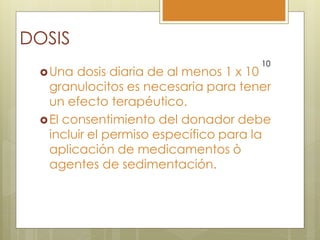 DOSIS
                                      10
  Una  dosis diaria de al menos 1 x 10
   granulocitos es necesaria para tener
   un efecto terapéutico.
  El consentimiento del donador debe
   incluir el permiso específico para la
   aplicación de medicamentos ò
   agentes de sedimentación.
 