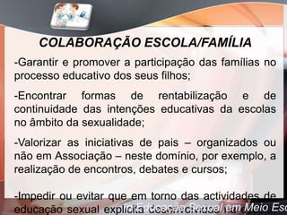 COLABORAÇÃO ESCOLA/FAMÍLIA
-Garantir e promover a participação das famílias no
processo educativo dos seus filhos;
-Encontrar formas de rentabilização e de
continuidade das intenções educativas da escolas
no âmbito da sexualidade;
-Valorizar as iniciativas de pais – organizados ou
não em Associação – neste domínio, por exemplo, a
realização de encontros, debates e cursos;

-Impedir ou evitar que em torno das actividades de
                     In Educação Sexual em Meio Esc
educação sexual explicita desenvolvidas na escola,
 