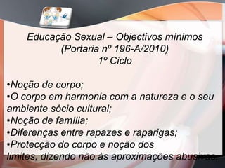 Educação Sexual – Objectivos mínimos
          (Portaria nº 196-A/2010)
                   1º Ciclo

•Noção de corpo;
•O corpo em harmonia com a natureza e o seu
ambiente sócio cultural;
•Noção de família;
•Diferenças entre rapazes e raparigas;
•Protecção do corpo e noção dos
limites, dizendo não às aproximações abusivas.
 